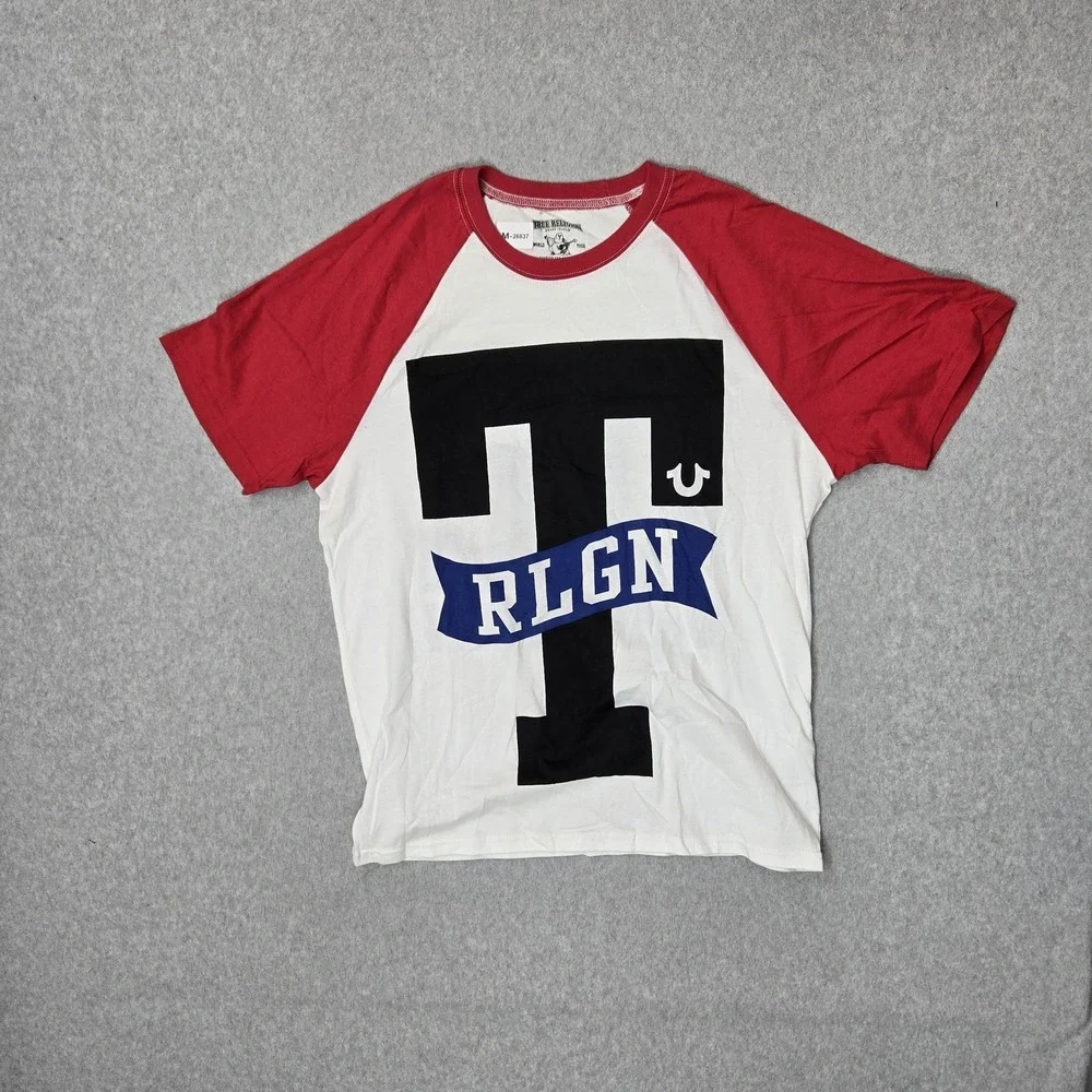True‎ Religion Men Shirt L White Graphic Logo Number Raglan Baseball Tee